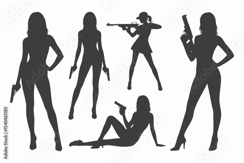 Silhouette of women with guns action poses