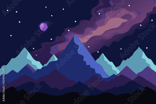 Celestial Mountains Night Sky Landscape Illustration with Purple Hues and Starry Night