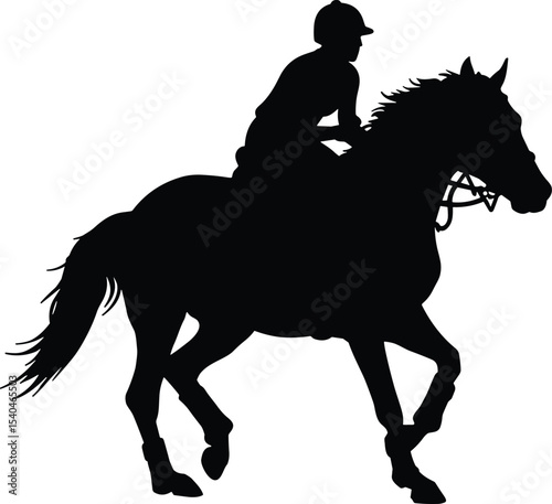 Horse rider silhouette, equestrian sport vector, galloping horse with jockey, racing motion, black illustration, horseback riding action, animal power, isolated white background design art