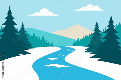 Winter Wonderland Serene River Scene with Snowy Mountains and Pine Trees