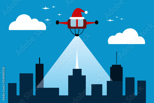 a drone mounted light projector casting santa 