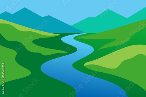 Serene River Valley A Picturesque Landscape Illustration