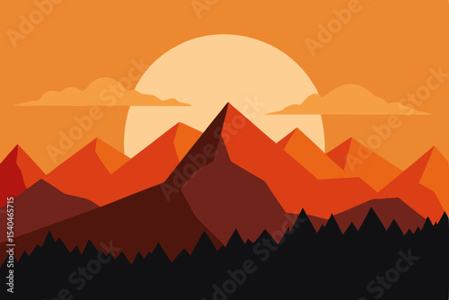 Majestic Sunset Mountain Landscape Fiery Hues and Silhouette Peaks