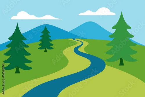 Serene Mountain Landscape Winding River, Lush Green Hills, and Majestic Pines