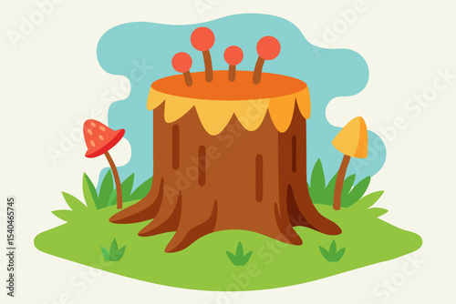 Enchanted Forest Stump Whimsical Illustration of Fungi and Tree Stump