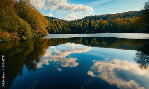 Reflective Lake Surrounded by Golden Autumn Trees Under a Blue Sky with White Clouds in a Scenic Landscape