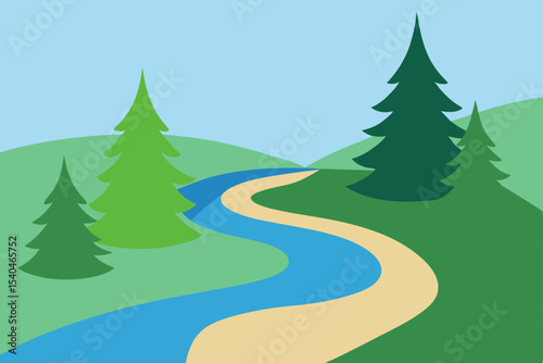 Serene River Landscape Winding Path Through Evergreen Trees and Rolling Hills