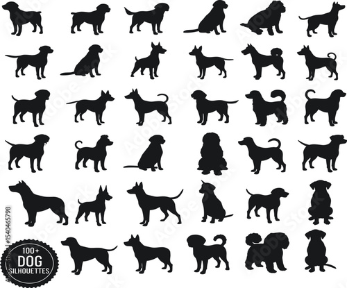 Dog silhouettes vector collection, domestic pet shapes, various breed icons, black puppy outline set, canine profile pack, graphic art for design, isolated white background