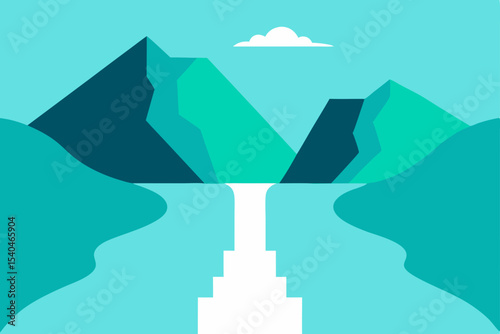 Serene Waterfall Landscape Minimalist Mountain Scene Illustration
