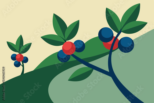 Vibrant Blueberry Plants on Rolling Hills A Nature Illustration