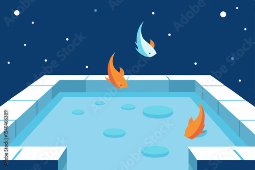 a frozen rooftop koi pond where fish glow like 
