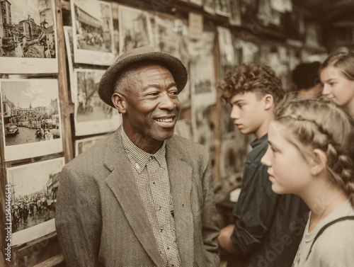 Elder sharing stories of old Rondo neighborhood with teenagers at heritage booth, sepia-toned photographs displayed, emotional and educational atmosphere.