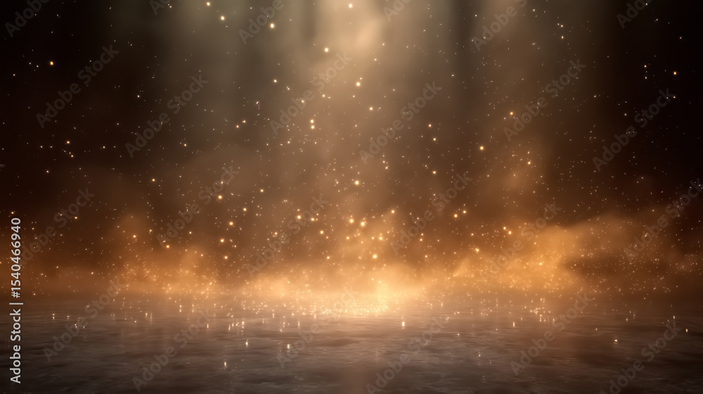 Naklejka premium Bright golden particles and mist rise from the ground in a soft glowing ambiance