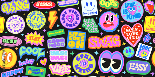 Cool Groovy Stickers Collage Seamless Pattern. Y2k Pop Art Funny Background With Cute Patches. Funky Retro Illustration Comic Characters.