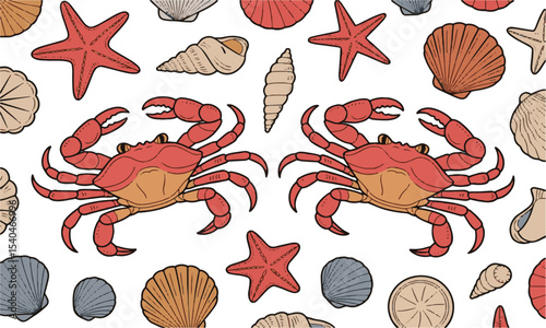 Vector pattern featuring a coastal marine theme with highly detailed elements, crabs in dynamic poses, showcasing sharp, segmented claws and textured shells, easily editable and scalable.