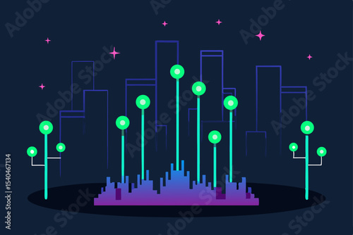 a glowing fiber optic forest sprouting from a city 