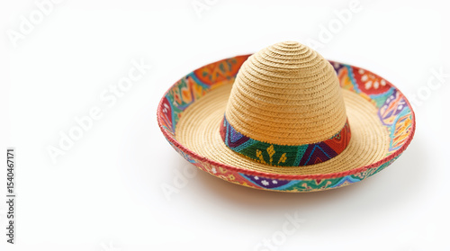 A colorful straw sombrero with a woven top and a vibrant, patterned band on white background. AI generated.
