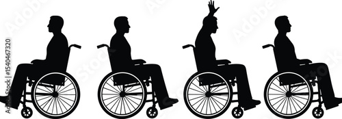 Man in wheelchair silhouette, multiple poses, healthcare concept, rehabilitation progress, disability awareness, human motion,