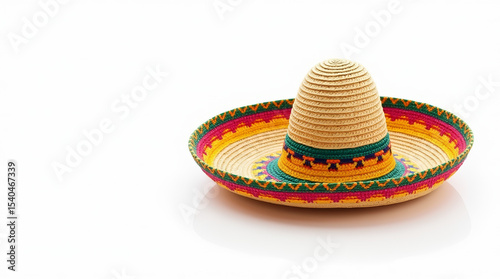 A colorful straw sombrero with a woven top and a vibrant, patterned band on white background. AI generated.
