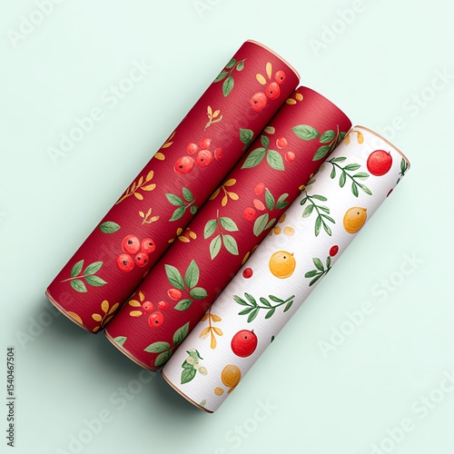 Vibrant gift wrapping papers featuring floral and fruit patterns in festive colors.