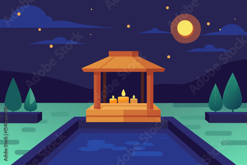 a glowing meditation deck beside a rooftop koi pon.svg