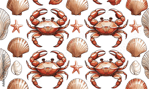 Vector pattern featuring a coastal marine theme with highly detailed elements, crabs in dynamic poses, showcasing sharp, segmented claws and textured shells, easily editable and scalable.
