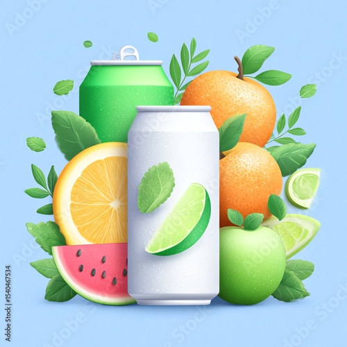 Vibrant assortment of soft drink cans and fresh fruits on a blue background.