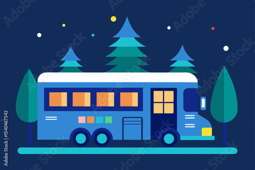 a glowing mobile library bus parked under snowy 