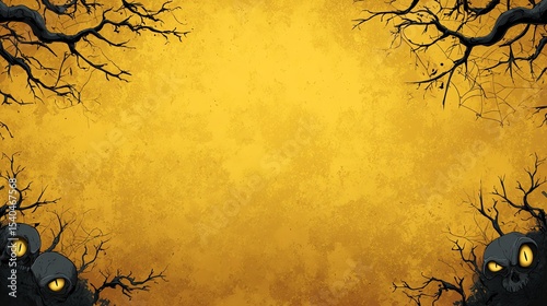 A spooky backdrop featuring eerie trees and glowing eyes on a textured yellow background.