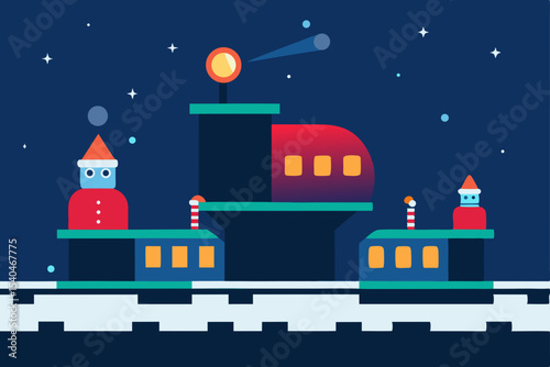 a glowing rooftop train station for tiny santa rob.svg