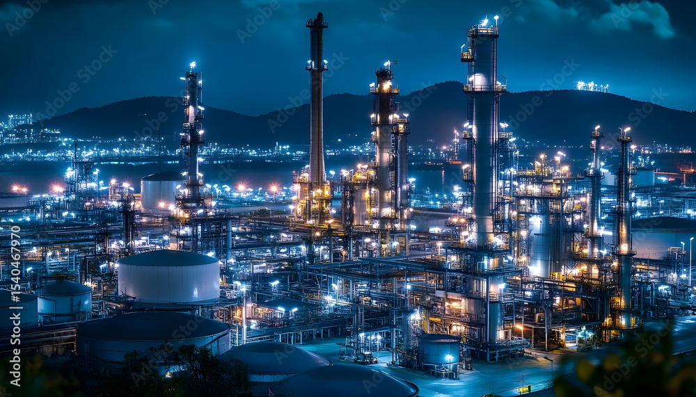 Fototapeta premium Oil and gas industrial refinery at night, Oil and gas refinery petrochemical plant pipeline steel, Oil and gas refinery factory oil and gas storage tank pipeline steel at night, Global energy refinery
