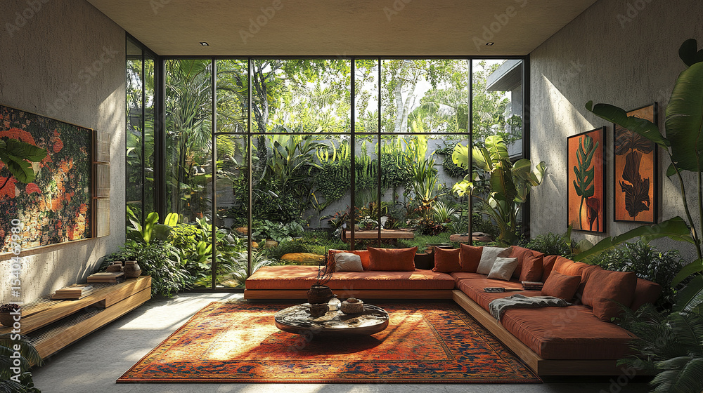 Fototapeta premium serene tropical inspired interior featuring spacious living room with floor to ceiling windows