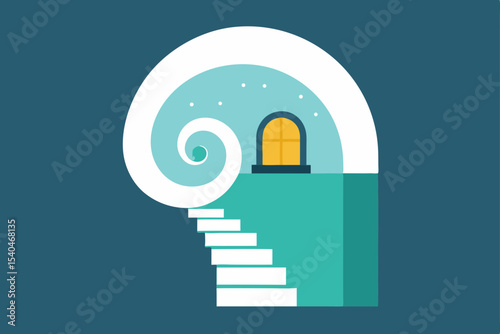a glowing spiral staircase rising into a rooftop 
