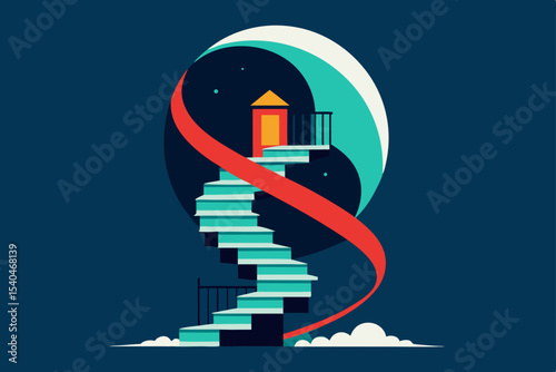 a glowing spiral staircase rising into a rooftop 