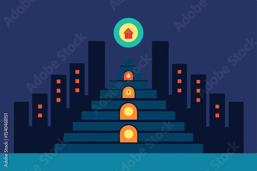 a glowing staircase tunnel descending between high 