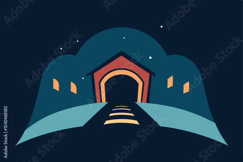 a glowing storybook tunnel between rooftops  fille