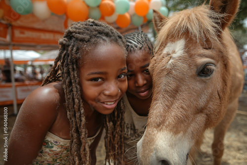 Family enjoying Rondo Days festival, children petting ponies near a community tent, bright balloons and local food vendors in the background, warm and friendly summer vibe.