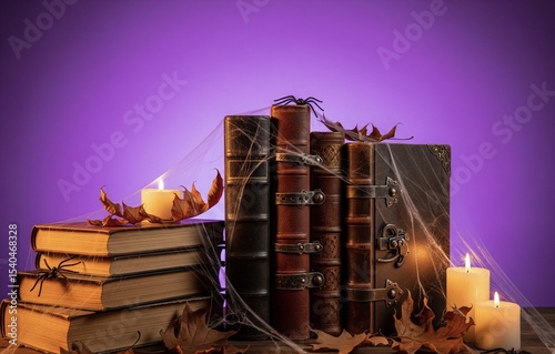 A stack of old, dusty books adorned with cobwebs, spiders, glowing candles. Symbolizes mystery, ancient knowledge, Halloween, or cozy fall evenings. Ideal for literary, gothic, or seasonal themes.