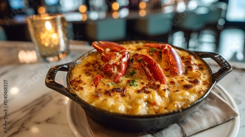 Wallpaper Mural Lobster mac and cheese in a cast iron ramekin with bubbling cheese crust and lobster claws visible, served beside a linen napkin on a white marble bar top Torontodigital.ca