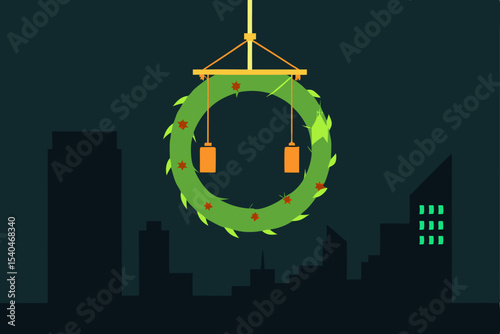 a glowing wreath suspended from a crane in a city .svg