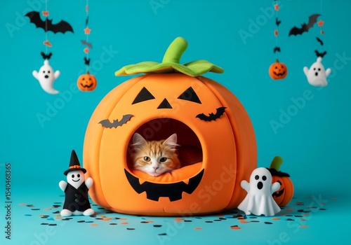 An adorable orange tabby cat peeking from a festive pumpkin-shaped cat bed, surrounded by dangling ghosts, pumpkins, and bats on a vibrant teal background. Symbolizes a cozy Halloween, playful pets, a