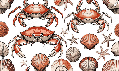 Vector pattern featuring a coastal marine theme with highly detailed elements, crabs in dynamic poses, showcasing sharp, segmented claws and textured shells, easily editable and scalable.