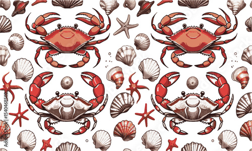 Vector pattern featuring a coastal marine theme with highly detailed elements, crabs in dynamic poses, showcasing sharp, segmented claws and textured shells, easily editable and scalable.