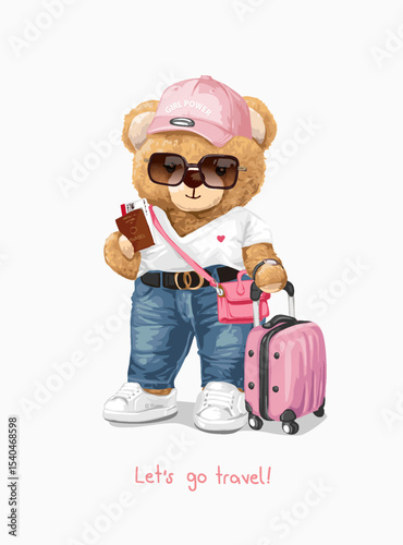 girly bear doll with suitcase vector illustration