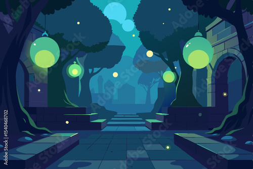 a hidden city courtyard full of glowing orbs hangi 