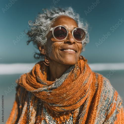 Portrait of a Smiling Senior Black Woman with Round Sunglasses Outdoors