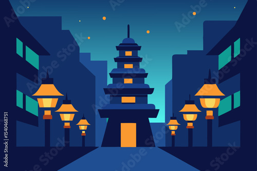 a hidden city courtyard with stacked glowing lante