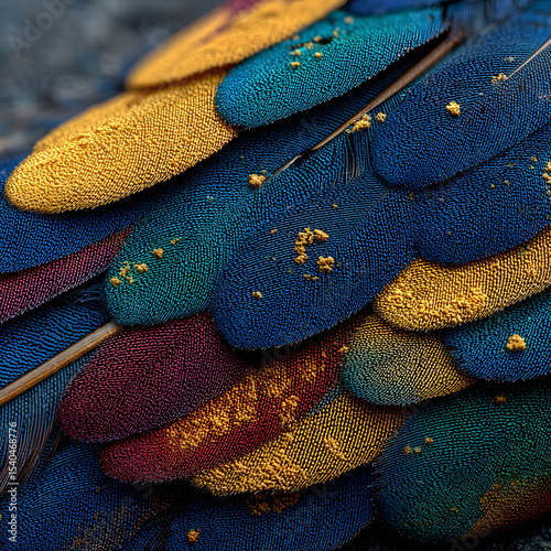 Detailed Close-up of Vivid Gold, Blue, and Red Decorative Bird Feathers