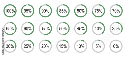 Percentage infographics elements. Green, grey color fill pie charts indicator template. Round diagrams icons for infographics from 0 to 100 percent collection. Set of circle graph loading progress. 