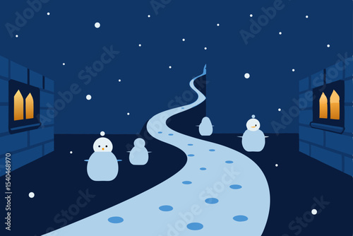 a hidden snowy courtyard where glowing snowmen 